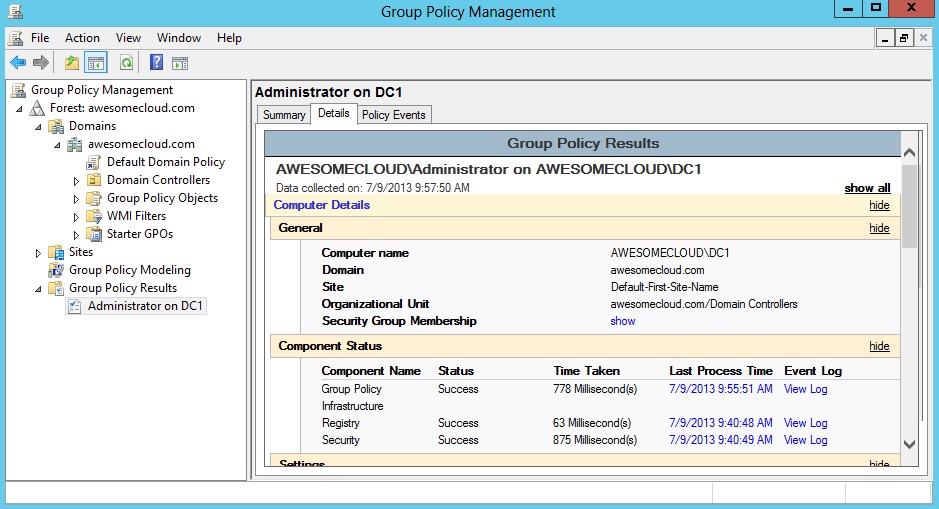 Windows Server 2012 Group Policy Results